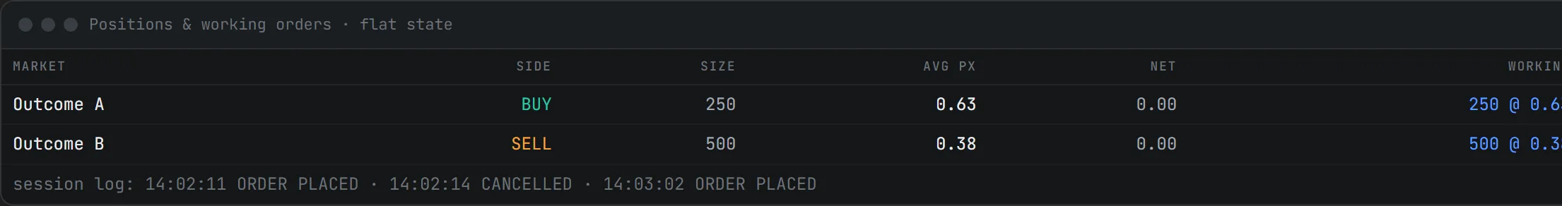 polydesk clicktrader positions panel with demo data: side, size, average price, net exposure and working orders per market, session log underneath